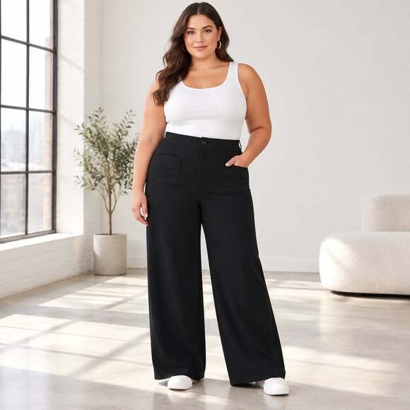 No brand Pants - Comfortable Plus Size Black High Waist Wide Leg Tab Pants